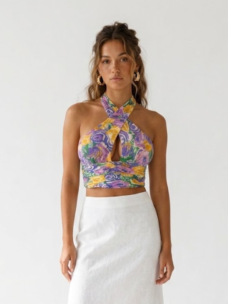 Zara Floral Halter Top Large Smocked Back Viscose Crop Boho Bright Print